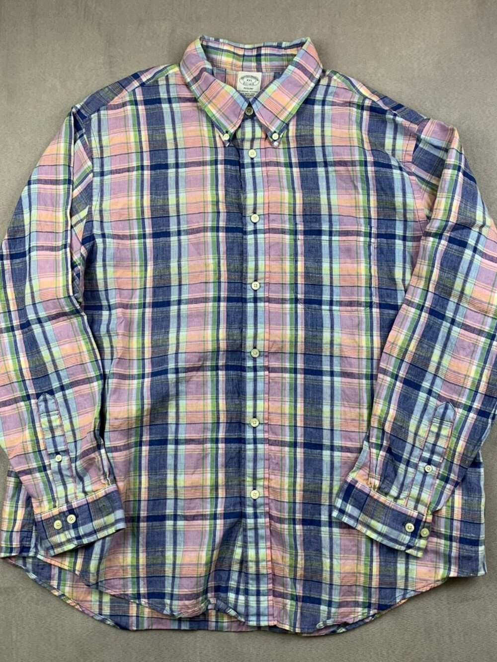 Brooks Brothers Mens Shirt 2XL Pink Blue Plaid Button Up Long Sleeve Irish Linen